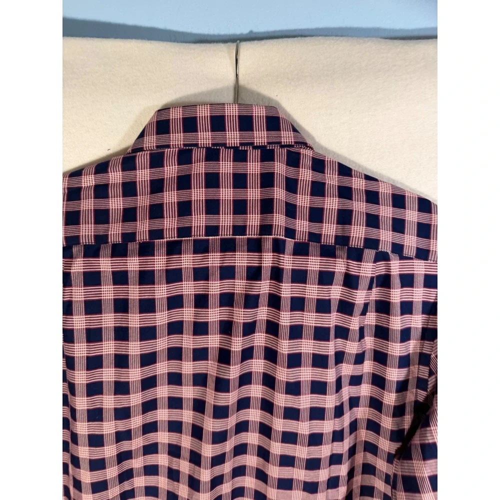 Ben Sherman Tailoring Mens Navy Pink Plaid Slim Fit Stretch Shirt 15.5 34/35